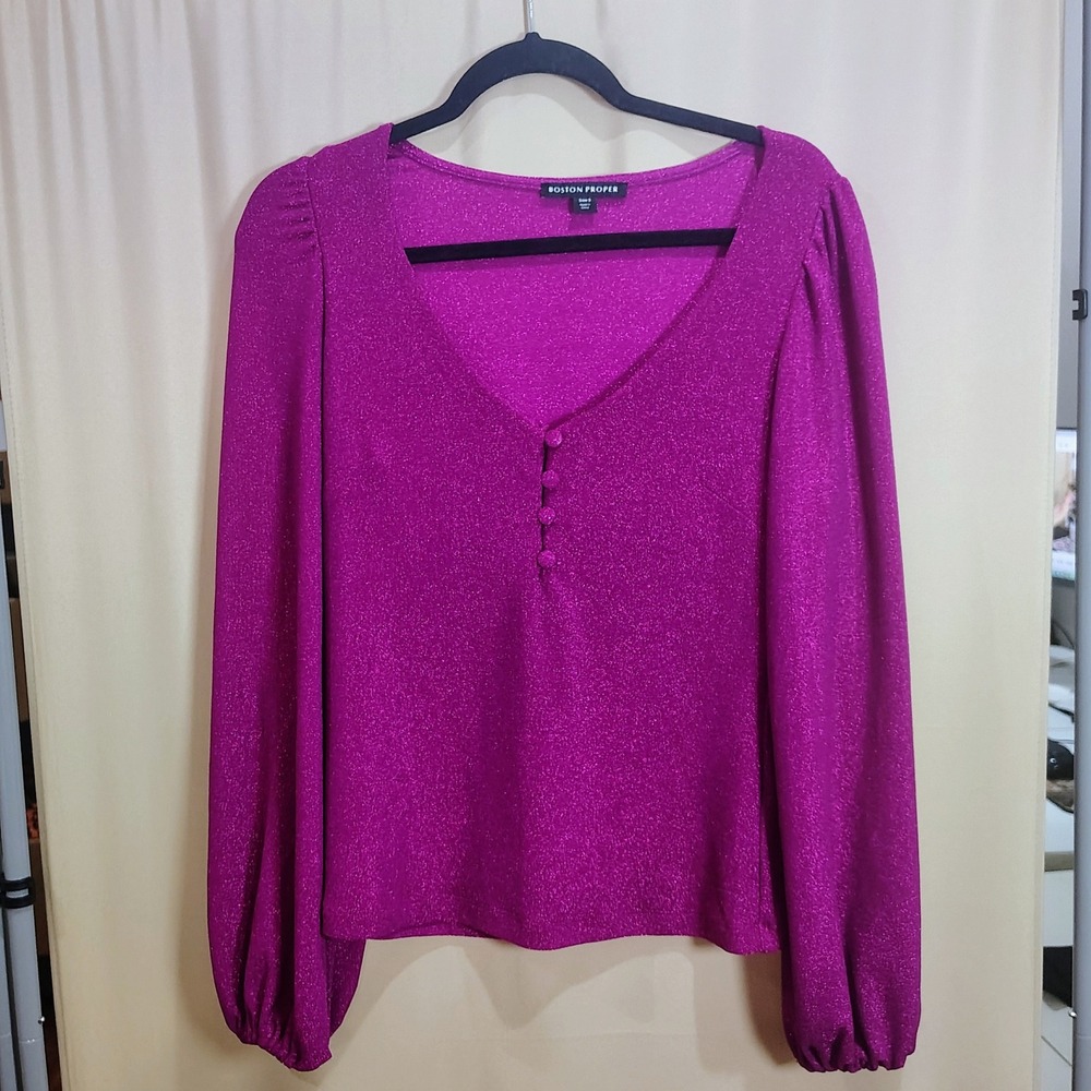 Boston Proper Top Women S Pink Metallic V-Neck Puff Sleeve Blouse Glam Going Out